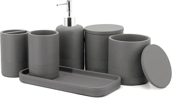 ZCCZ Gray Bathroom Accessories Set 6 Pieces - Toothbrush Holder, Lotion Dispenser, Qtip Container, Vanity Tray, Tumbler - Countertop Organizer for Bathrooms - Elegant and Functional Décor Set - ModernBath