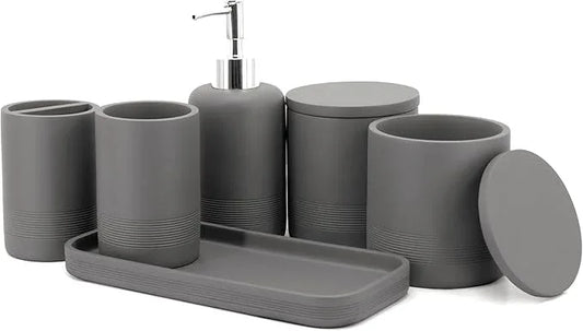 ZCCZ Gray Bathroom Accessories Set 6 Pieces - Toothbrush Holder, Lotion Dispenser, Qtip Container, Vanity Tray, Tumbler - Countertop Organizer for Bathrooms - Elegant and Functional Décor Set - ModernBath