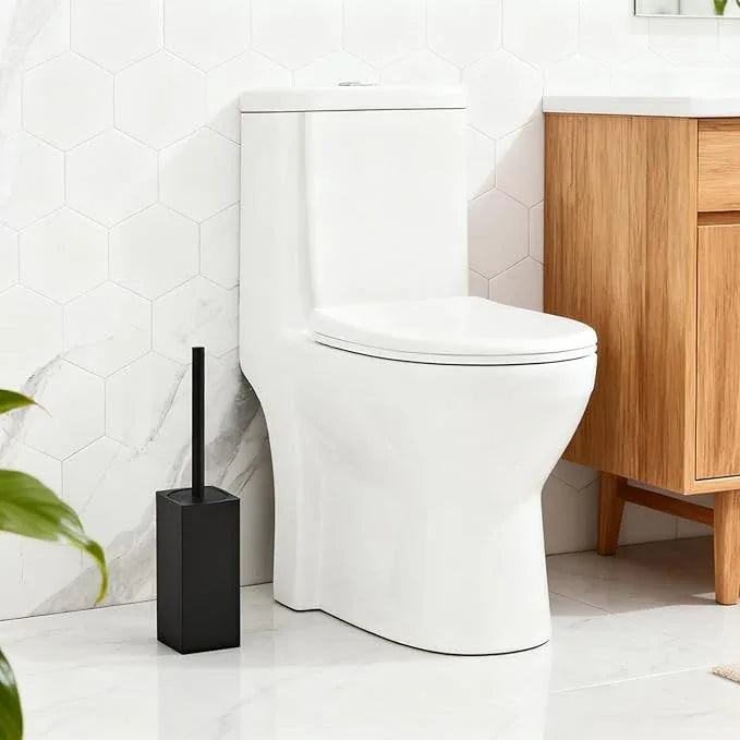 Toilet Brush and Holder Set, NEWRAIN Stainless Steel Toilet Brush with Long Brush Handle, Matte Black Toilet Scrubber and Covered Holder, Square Design Sturdy and Space Saving - ModernBath