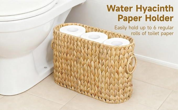 Toilet Paper Storage, Woven Roll Toilet Paper Basket with Dual Handles, Natural Water Hyacinth Basket Holder, Bathroom Accessories Organizer, Brown, 16.1 x 5.5 x 10.6 in - ModernBath