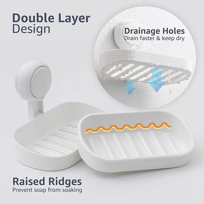 LEVERLOC Soap Dish Holder for Shower Suction Cup Wall Mounted Self Draining NO-Drilling Removable Bar Soap Sponge Holder for Bathroom Bathtub Kitchen Sink Waterproof Strong Vacuum Suction Adhesion - ModernBath