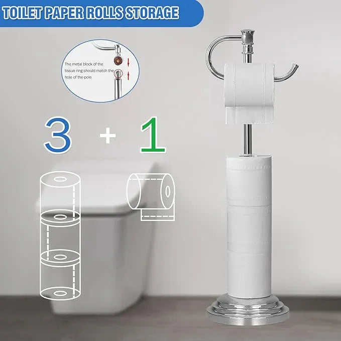 RUMOSE Toilet Paper Holder Stand for Floor, Polished Chrome Adjustable (12.4" to 22.8") Bathroom Toilet Tissue Holder, Free Standing Toilet Paper Roll Holder with Storage, Stainless Steel - ModernBath