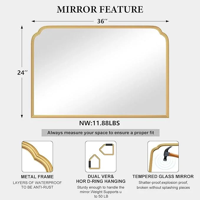 Ferytange 36X24 Inch Gold Bathroom Vanity Mirror for Over Sink, Modern Rounded Corner Fireplace Decor Mirror with Non-Rusting Iron Metal Framed - ModernBath