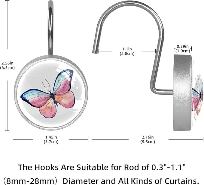 12 Pcs Decorative Shower Curtain Hooks, Rust Proof Glass Surface Stainless Steel Rings for Bathroom Bedroom Kitchen Home Bath Room Rods Decor (Pink Blue Watercolor Butterfly) - ModernBath