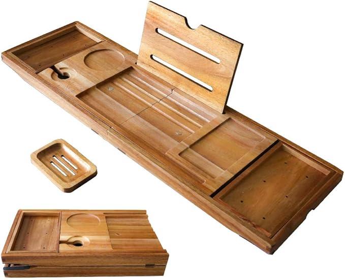 XcE Foldable Acacia Wood Bathtub Caddy Tray - Expandable to 40 Inches with Non-Slip Pads for Couples Luxury Bath - ModernBath