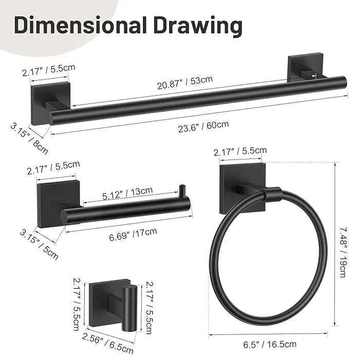 5 Pieces Bathroom Hardware Set Matte Black Towel Bar Set Includes 23.6” Towel Bar, Towel Ring Holder, Toilet Paper Holder and Two Towel Hooks, Bathroom Accessories Set SUS304 Wall Mounted - ModernBath