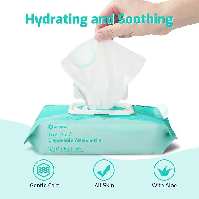 SUNKISS Trustplus Wet Wipes for Adult No Rinse, Extra Large 8”x12” Body Cleaning Washcloths for Elderly Incontinence & Cleansing, Unscented, 200 Count (4 Packs of 50) - ModernBath