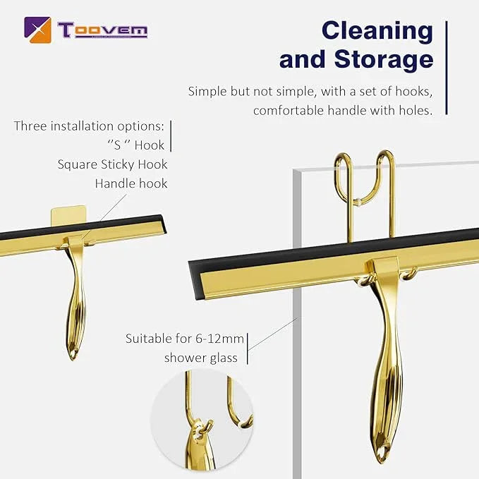 TOOVEM 12 Inch Shower Squeegee for Glass Doors, Window, Bathroom, Car Windshield, Shower Cleaning Tools with S Hook, Square Sticky Hook（Gold） - ModernBath