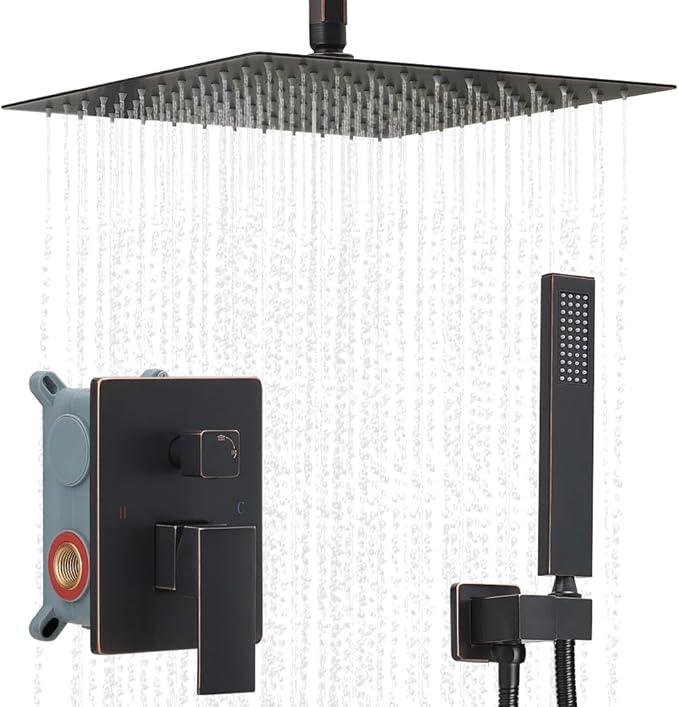 Heable ‎Oil Rubbed Bronze Shower System Bathroom 12 Inch Rain Shower Head Ceiling Mount with Handheld Luxury High Pressure Shower Combo Set Shower Faucet Rough-in Valve Body and Trim Kit - ModernBath