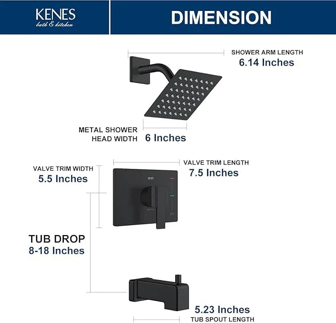 KENES Tub Shower Faucet Set Complete, Matte Black Tub and Shower Trim Kit with 6-Inch Rain Shower Head, Square Shower System, KE-6025A-2 (Shower Valve Included) - ModernBath