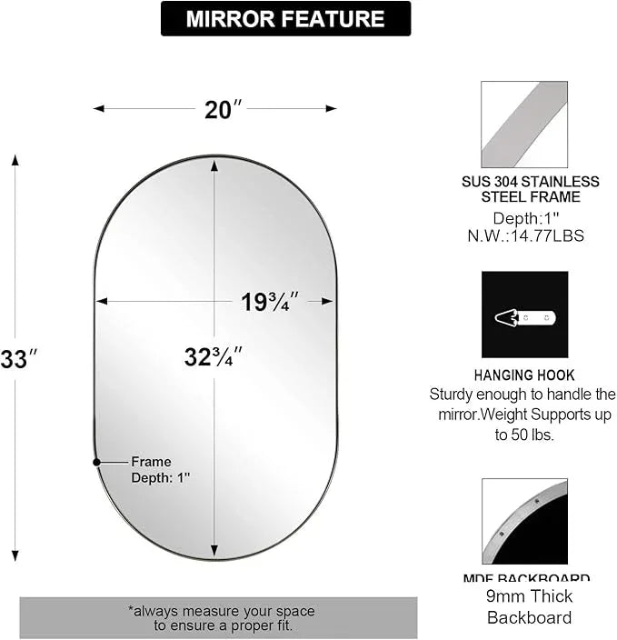 ANDY STAR Chrome Oval Mirror for Bathroom, 20x33 Inch Pill-Shaped Chrome Mirrors for Wall in Thin Frame Deep 1’’ Ideal for Limited Space - ModernBath