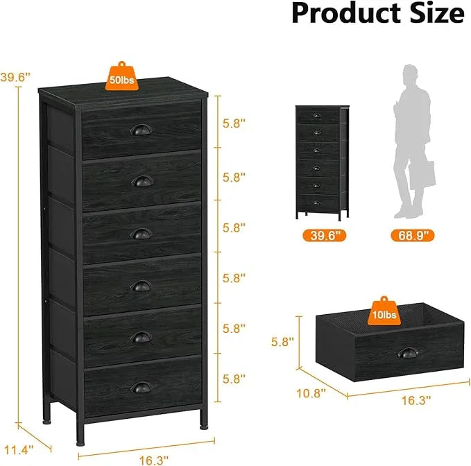 Furnulem Tall Dresser with 6 Drawers,Vertical Bedside End Table & Chest for Bedroom,Black Storage Tower Dorm Nightstand with Fabric Drawer Organizer Unit Furniture in Living Room,Closet,Hallyway - ModernBath