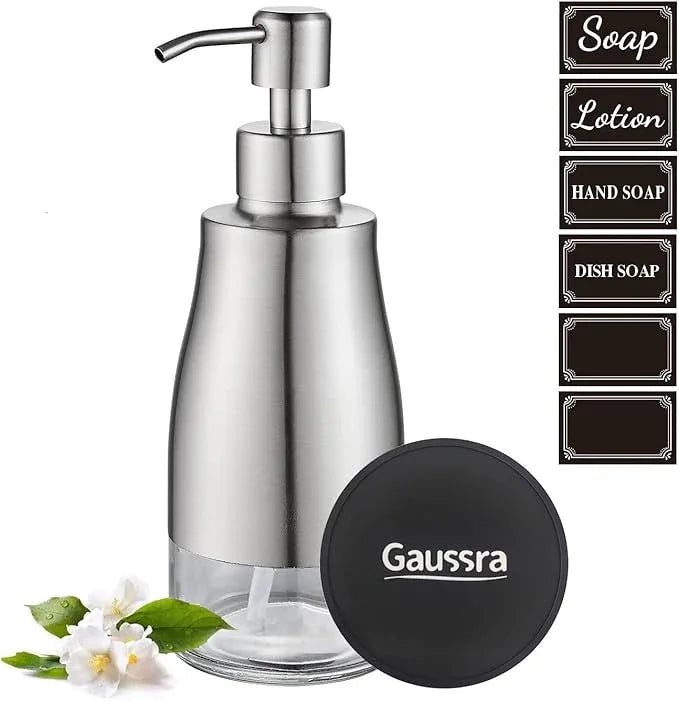 Gaussra Soap Dispenser with Coaster and Stickers, Brushed Nickel Stainless Steel Case Glass Liner Hand Pump Dispenser, Refillable Liquid Hand Soap Dispenser for Bathroom & Kitchen (11OZ / 320ML) - ModernBath