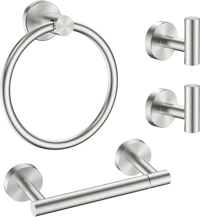 FORIOUS 4 Piece Bathroom Accessories, SUS304 Stainless Steel Double Post Pivoting Toilet Paper Holder, Towel Ring and 2 Towel Hooks, Wall Mounted Bathroom Hardware Set (Brushed Nickel) - ModernBath