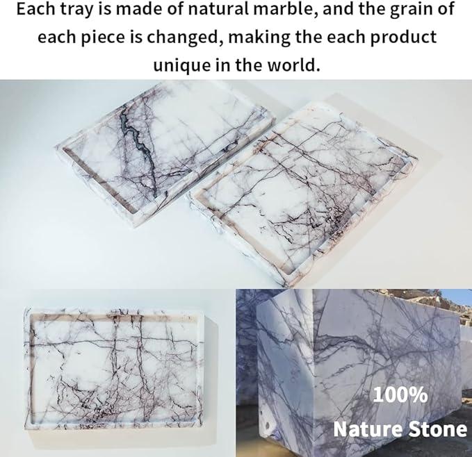 Real Luxurious Vanity Tray Natural Genuine Marble Storage Tray for Home Decor Stone Tray for Bathroom/Kitchen/Vanity/Dresser Non-Resin/Non-Ceramic(Lilac) - ModernBath