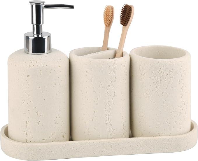 Bathroom Accessories Set,4 Piece Travertine Stone Look Bathroom Accessory Set with Soap Dispenser,Toothbrush Holder,Vanity Tray,Tumbler,Bathroom Organizer for Modern Bathrooms - Beige - ModernBath