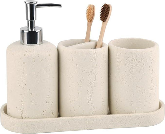 Bathroom Accessories Set,4 Piece Travertine Stone Look Bathroom Accessory Set with Soap Dispenser,Toothbrush Holder,Vanity Tray,Tumbler,Bathroom Organizer for Modern Bathrooms - Beige - ModernBath
