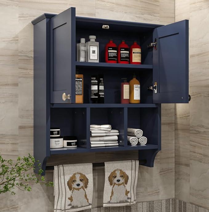 Bathroom Wall Cabinet, Wall Mounted with Towel Bar & 6 Shelves - Over Toilet Storage Organizer, 2-Door Medicine Cabinet, Adjustable Bathroom Shelves(Blue) - ModernBath