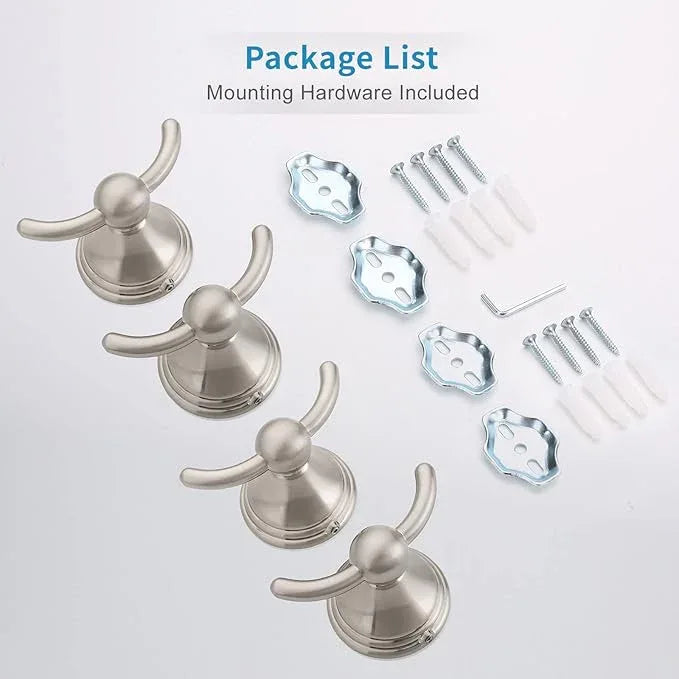 FILTA Bathroom Towel Hooks, Brushed Nickel Robe & Towel Hooks for Wall Mounted, Traditional Towel and Robe Hooks for Hanging Towels, Bath Towel Holder for Shower (4 Pack) - ModernBath