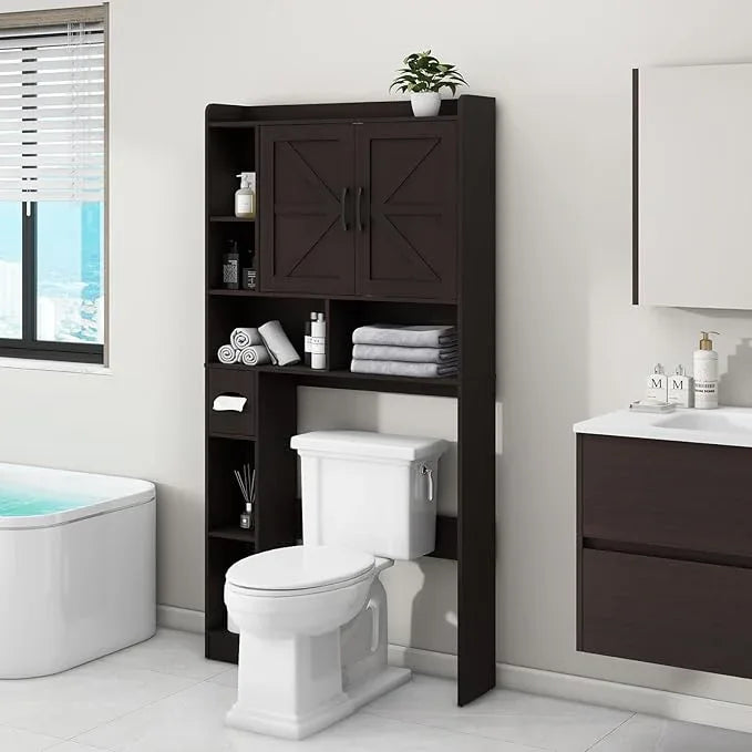Vabches Over The Toilet Storage Cabinet, Farmhouse Storage Cabinet Over Toilet with 2 Barn Door & Toilet Paper Holder Stand，Home Space-Saving Toilet Rack, for Bathroom, Restroom, Laundry - ModernBath