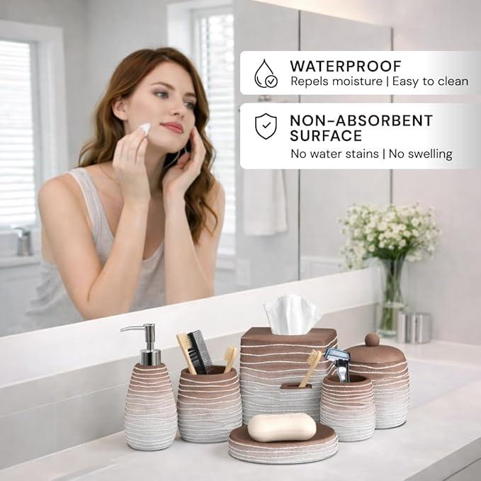 Decozen Bathroom Accessories Set 6Pcs – Soap Dispenser, Toothbrush Holder, Tumbler, Soap Dish & Cotton Swab Jar – Modern Bathroom Decor, Bath Set for Christmas Decor, Antonetta - ModernBath