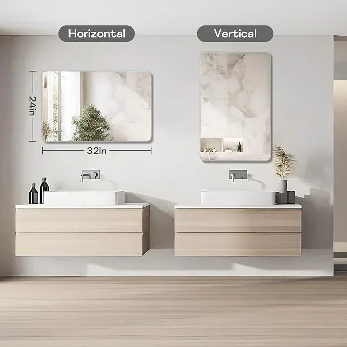 Minuover Silver Framed Bathroom Mirror, Brushed Nickel Rounded Corner Rectangle Wall Mirror, Tempered Glass, Shatter Proof, Anti-Rust, Hangs Horizontally or Vertically (24" x 32", Silver) - ModernBath