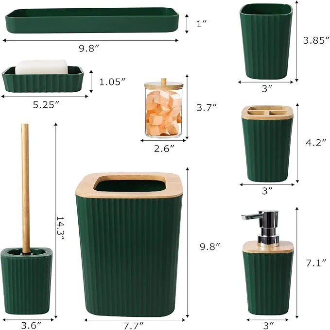 XLHOMO Dark Green Bathroom Accessories Set, 9-Piece Green Bathroom Set with Trash Can, Tray, Soap Dispenser, Toothbrush Holder, Toothbrush Cup, Soap Dish, Toilet Brush and Q-tip Holders - ModernBath