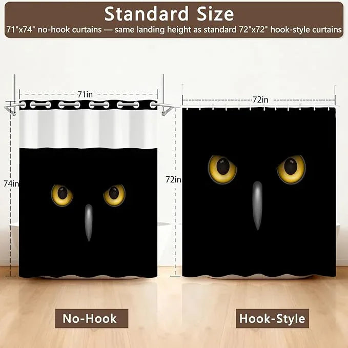 No Hook Black Shower Curtain, Animal Style Cool Owl Shower Curtain with Liner, Warerproof Fabric Cloth Shower Curtains with Sheer Top Window, Rustic Minimalist Mysterious Owl Pattern, 71x74 Inches - ModernBath