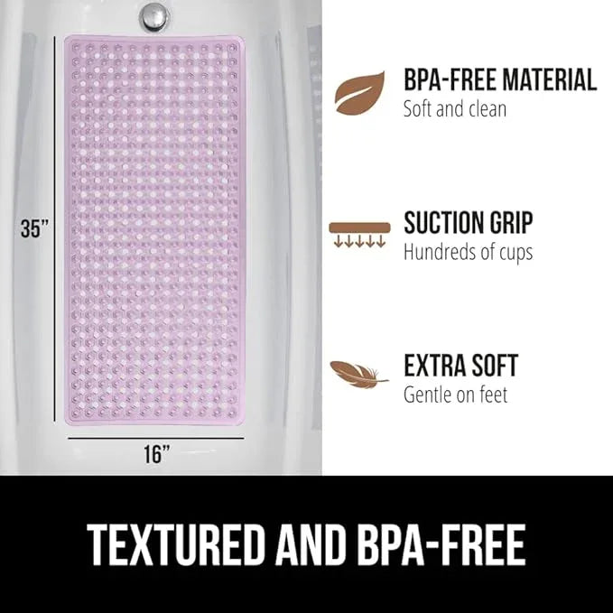 GORILLA GRIP Patented Bath Tub Shower Mat, Machine Washable Bathtub Floor Liner Mats, Suction Cups and Drain Holes to Keep Tubs Clean, Soft on Feet, Bathroom Essentials, 35x16 Inch, Clear Purple - ModernBath