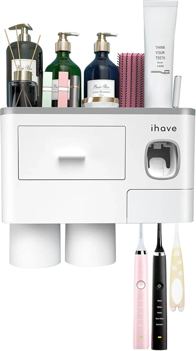 iHave Toothbrush Holders for Bathrooms, 2 Cups Toothbrush Holder Wall Mounted with Toothpaste Dispenser - Large Capacity Tray, Cosmetic Drawer - Bathroom Decor & Bathroom Accessories - ModernBath