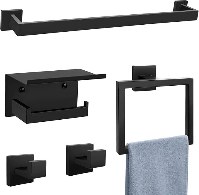 Matte Black Towel Bar Set 5-Piece Bathroom Hardware Accessories Set Includes 23.6 Inch Towel Bar,Toilet Paper Holder with Shelf,Square Towel Ring and Coat Hooks Stainless Steel Wall-Mounted - ModernBath