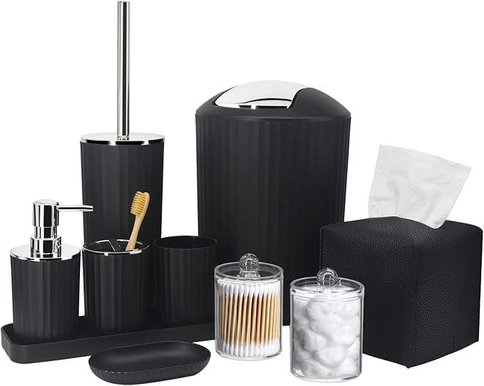 Bathroom Accessory Set - 10 Piece Black Bathroom Accessories Set with Trash Can, Toothbrush Holder and Cup, Soap Dispenser, Soap Dish, Toilet Brush Holder, Vanity Tray, Qtip Holder, Tissue Box Cover - ModernBath