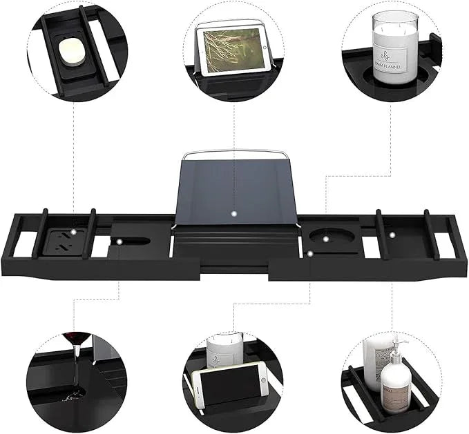 Domax Bathtub Caddy Tray Expandable Bamboo Tub Tray for Luxury Bath with Book Holder and Free Soap Dish Black - ModernBath