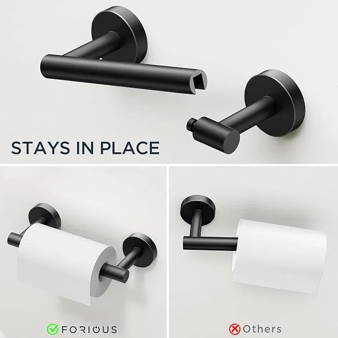 FORIOUS 4 Piece Bathroom Accessories, SUS304 Stainless Steel Double Post Pivoting Toilet Paper Holder, Towel Ring and 2 Towel Hooks, Wall Mounted Bathroom Hardware Set (Matte Black) - ModernBath