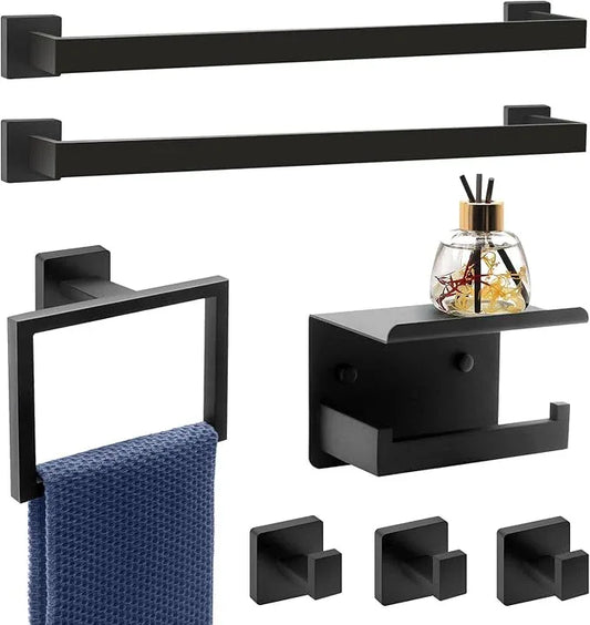Matte Black Bathroom Hardware Set Towel Bar Set Black Bathroom Hardware Accessories Set with Towel Bars, Stainless Steel Wall Mounted Bathroom Towel Rack Set Square - ModernBath