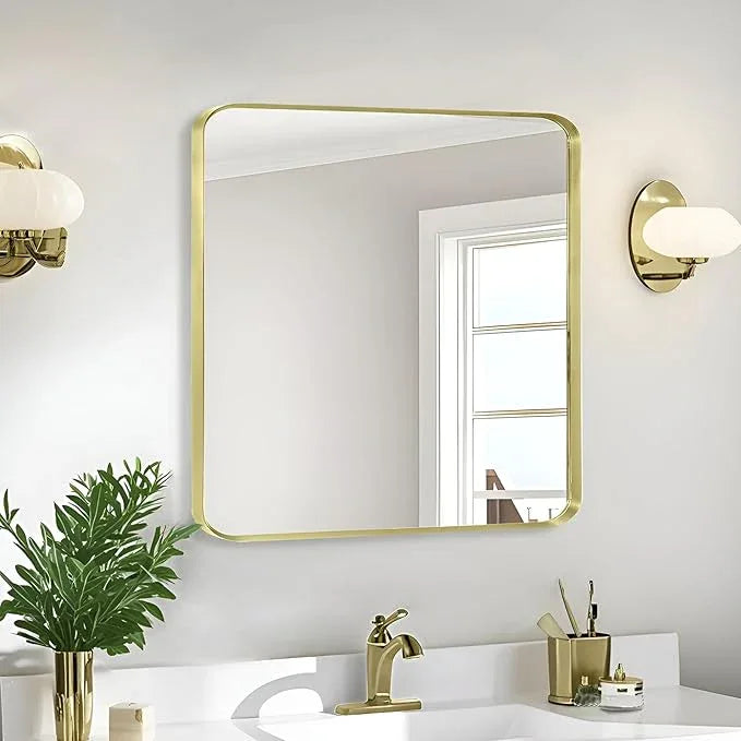 Minuover Wall Mount Mirror for Bathroom, Brushed Gold Metal Framed Rounded Corner Square Rectangular Vanity Mirror (30" x 30", Gold) - ModernBath