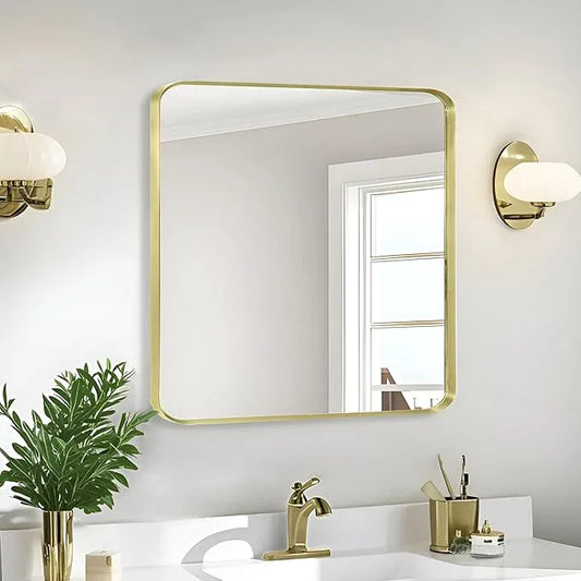 Minuover Wall Mount Mirror for Bathroom, Brushed Gold Metal Framed Rounded Corner Square Rectangular Vanity Mirror (30" x 30", Gold) - ModernBath