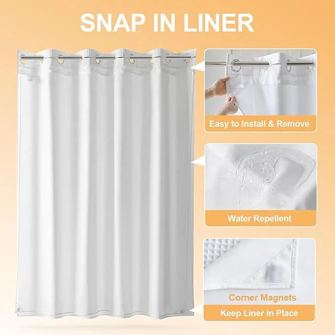 River Dream Cotton Blend No Hook Shower Curtain with Snap in Liner, Hotel Grade Shower Curtains for Bathroom, Water Repellent, White, 71W x74 L - ModernBath