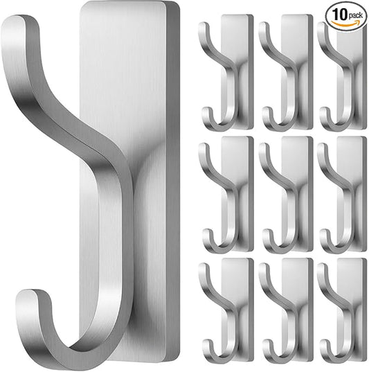 pickpiff Adhesive Wall Coat Hooks - Heavy Duty Stick-On Door Hanger, Metal Hook for Hanging Towel,Purse, Robe, Backpack, Jacket, Clothes - for Bathroom,Dorm, Closet, Kitchen - Brushed Silver, 10 Pack