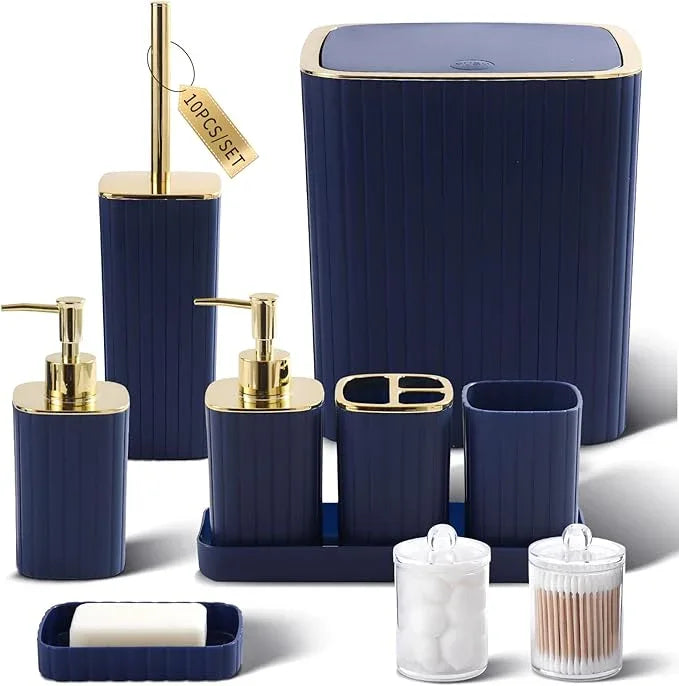 XLHOMO Bathroom Accessories Set - Gorgeous Bathroom Set, 10PC Navy Blue Bathroom Accessory Set, Toilet Brush, Trash Can, Qtip Holder Dispenser & Soap Dispenser - ModernBath
