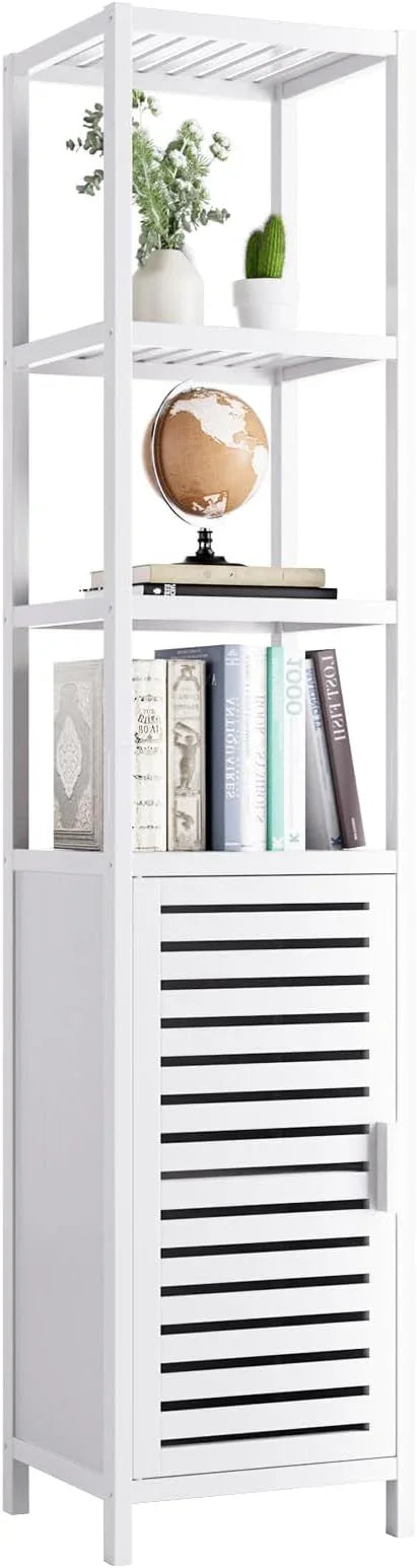 HITNET Bathroom Tall Cabinet, Floor Standing Bamboo Storage Cabinet with 6 Shelves and Shutter Door for Kitchen Living Room, White - ModernBath
