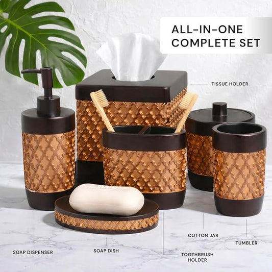 Decozen Bathroom Accessories Set 6Pcs – Soap Dispenser, Toothbrush Holder, Tumbler, Soap Dish & Cotton Swab Jar – Modern Bathroom Decor, Bath Set for Christmas Decor, Wally - ModernBath