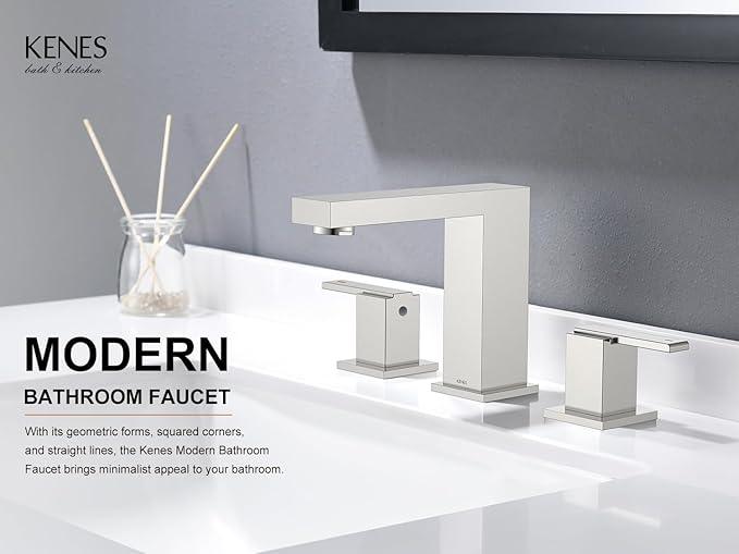 KENES Brushed Nickel Widespread Bathroom Faucet 2 Handle Bathroom Sink Faucet 3 Hole, 8-Inch 3 Pieces Vanity Faucet with Pop Up Drain & Supply Lines, KE-9050-P - ModernBath