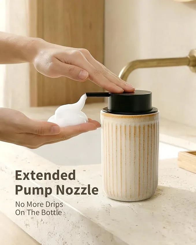 BosilunLife Foam Hand Soap Dispenser - Ceramic Foaming Soap Dispenser for Bathroom 12oz Refillable Liquid Lotion Soap Dispenser with Rust-Proof Foaming Pump for Countertop, Greige - ModernBath