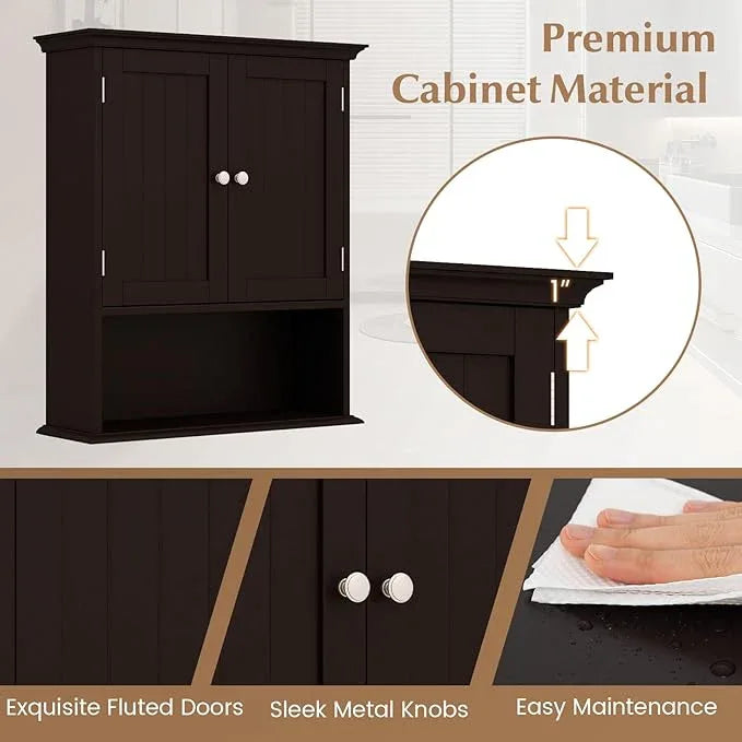 Giantex Wall Mounted Medicine Cabinets - Above Toilet Bathroom Cabinet with Adjustable Shelf, Open Shelf, Over The Toilet Space Saver Storage Cabinet for Laundry Room, Kitchen, Cupboard (Brown) - ModernBath