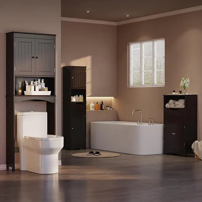Gizoon Over The Toilet Storage Cabinet with Adjustable Shelf and Double Doors, Bathroom Space Saver Organizer Above Toilet with Open Shelf, Taller Wooden Free Standing Toilet Rack -Espresso - ModernBath