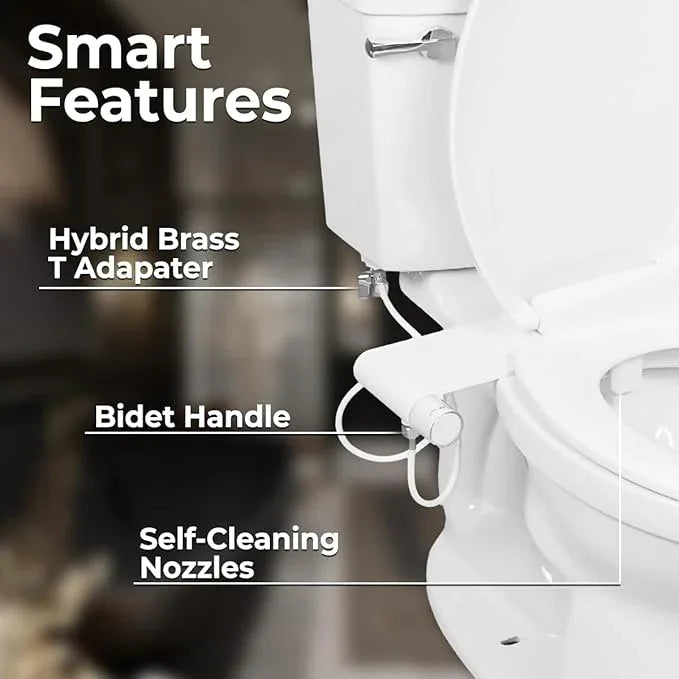 Rear & Feminine Right Handed Ultra Thin Bidet Attachment for Toilet with Self Cleaning Dual Nozzles - No Wiring Needed - Easy DIY Install - Includes Hybrid Brass 3-way T with ON/OFF & Travel Bidet - ModernBath