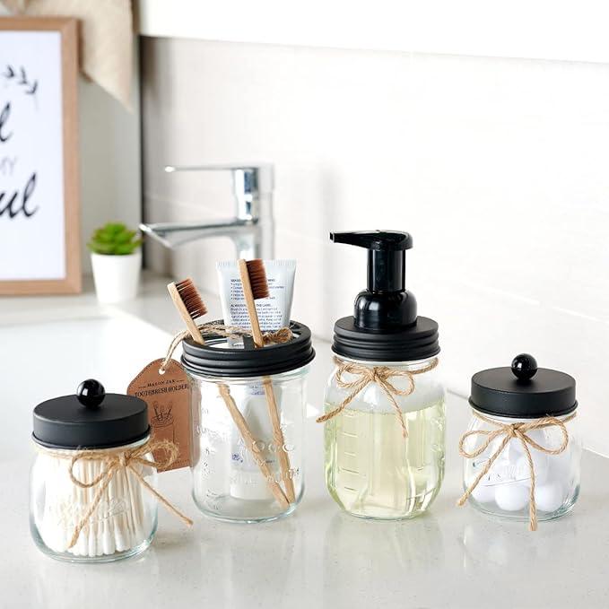 Amolliar Mason Jar Bathroom Accessories Set 4 Pack - Foaming Soap Dispenser&2 Qtip Holders&Toothbrush Holder-Rustic Farmhouse Decor Bathroom Organizer Apothecary Jar Country Countertop (Black) - ModernBath