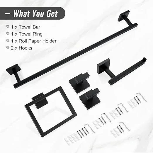 YACVCL Black Towel Bar Set 5-Piece Bathroom Hardware Accessories Set,SUS304 Stainless Steel Towel Rack Set,23.6 Inch Towel Bar,Toilet Paper Holder,Towel Ring and Towel Hooks,Wall Mounted - ModernBath