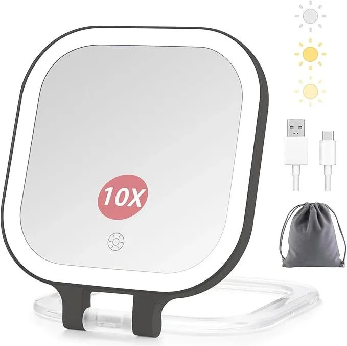 DESCHEN Rechargeable Travel Makeup Vanity Mirror with Lights and Magnification, Portable 1X/10X Magnifying Mirror with 3 Color Light, Lighted Makeup Mirror with Magnification (Black) - ModernBath